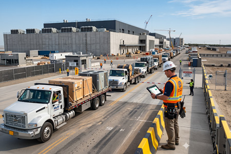 line of trucks delivering equipment to a data center construction site