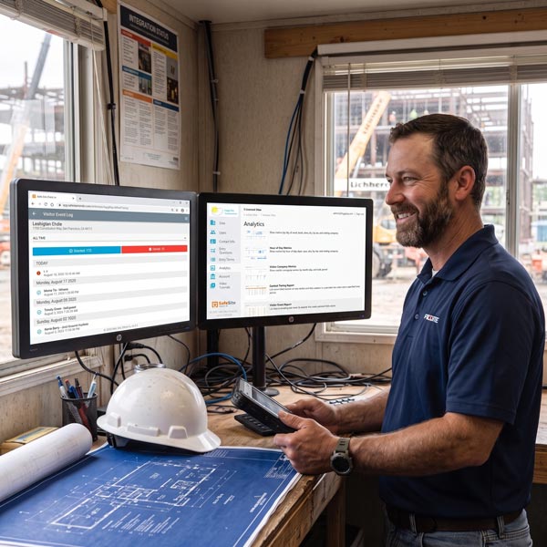 Construction Safety Manager holding a tablet showing an approved check-in