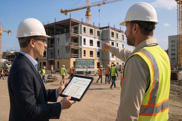 a general contractor and sub-contractor looking at an affordable housing construction project