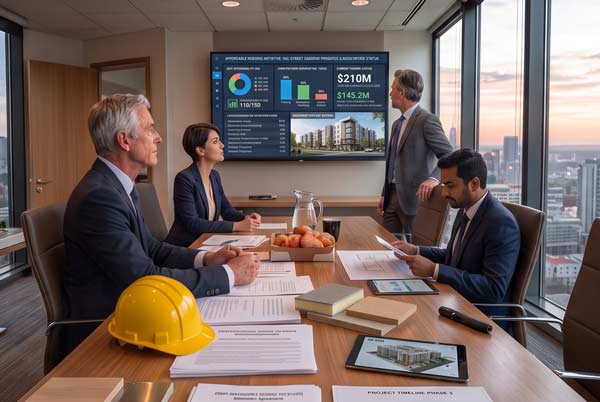 affordable housing property developers looking at a presentation