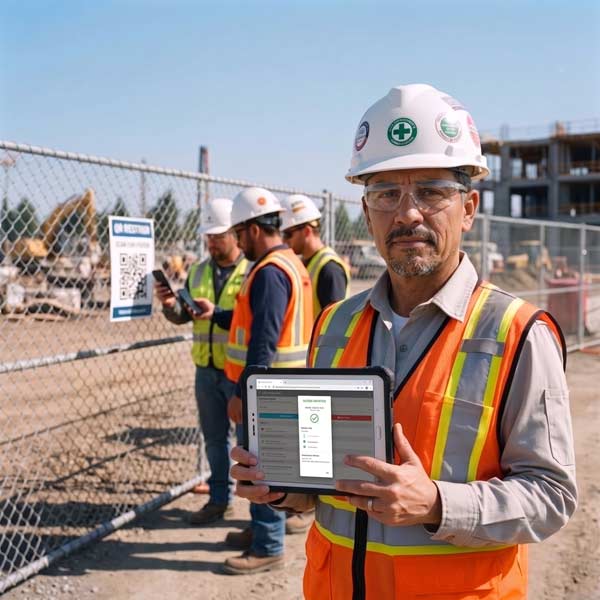construction jobsite superintendent holding a tablet with digital check-in confirmation on the screen