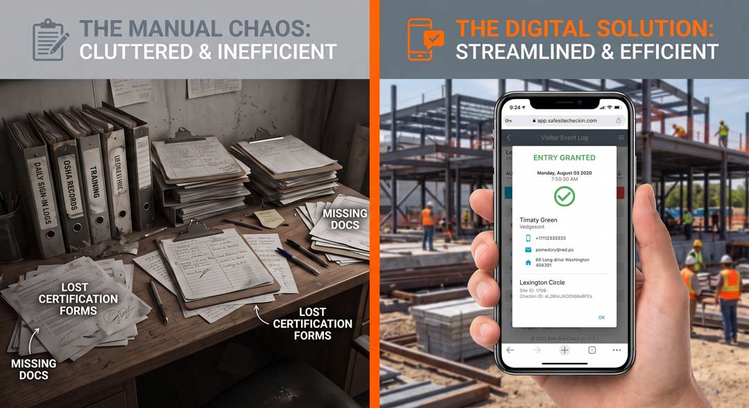 paper-binders-vs-safe-site-check-in-comparison a side by side comparison of a cluttered safety manager desk and a mobile phone with a digital access granted notification