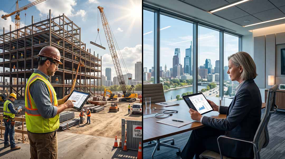 construction-executive-field-to-boardroom-split-screen Construction executive field to boardroom split screen