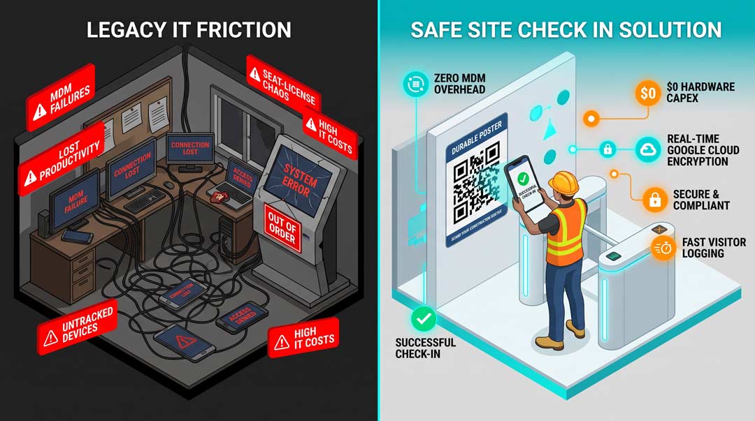 Construction IT MDM Hardware vs App Free QR Check-In Visual comparison between complex jobsite IT hardware kiosks with MDM errors versus a clean, app-free browser QR check-in on a smartphone