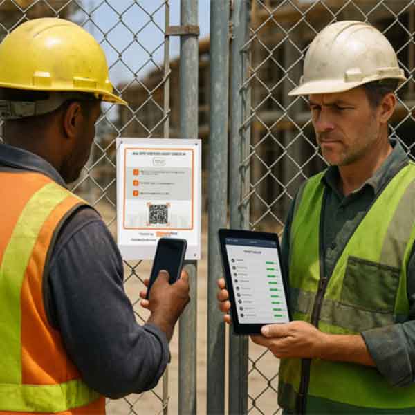 jobsite supervisor and worker using qr code to check into a jobsite with cellphone