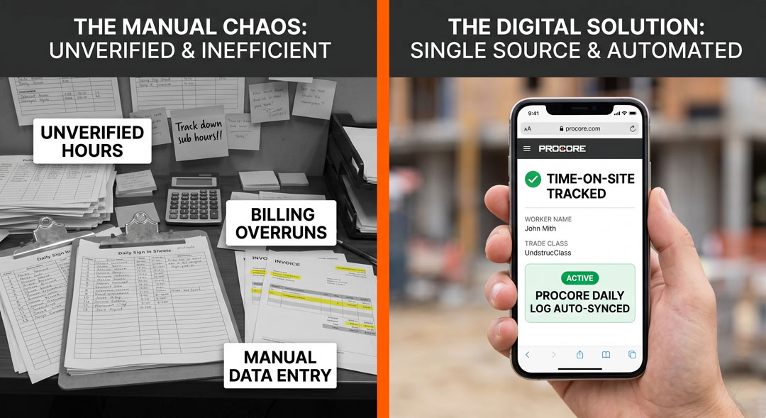project-manager-manual-chaos-vs-safe-site-check-in-comparison Split-screen graphic contrasting messy paper logbooks and unverified billing overruns with streamlined app-free digital check-in synced to Procore.